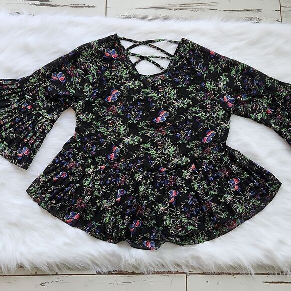 ENTRO -611 by Anthropologie floral pleated blouse crisscross back SMALL Style #T - Picture 4 of 8